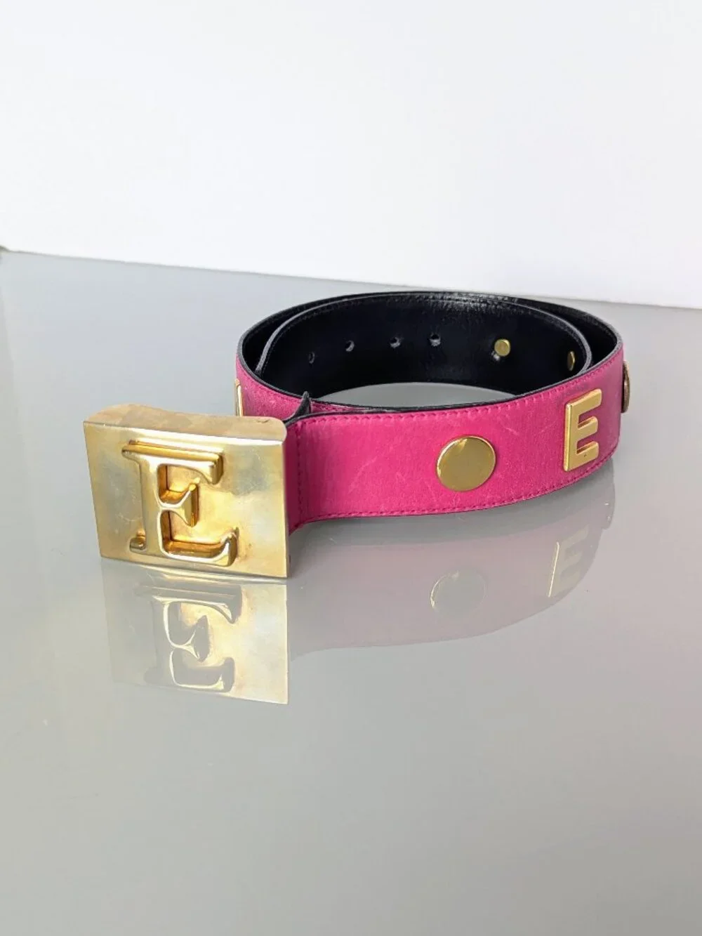Escada Vintage Hot Pink Leather Belt Gold Tone Studded 